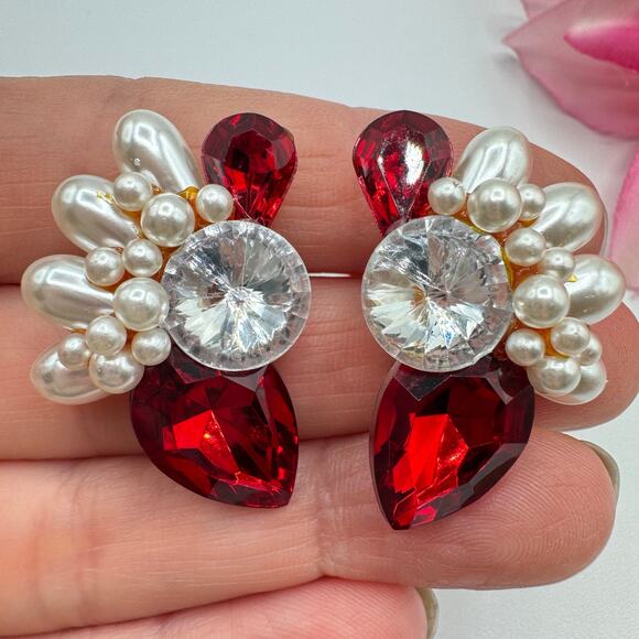 Vintage Big Red Rhinestone Faux Pearl Cluster Earrings Ballroom Dance Pageant - Picture 3 of 7